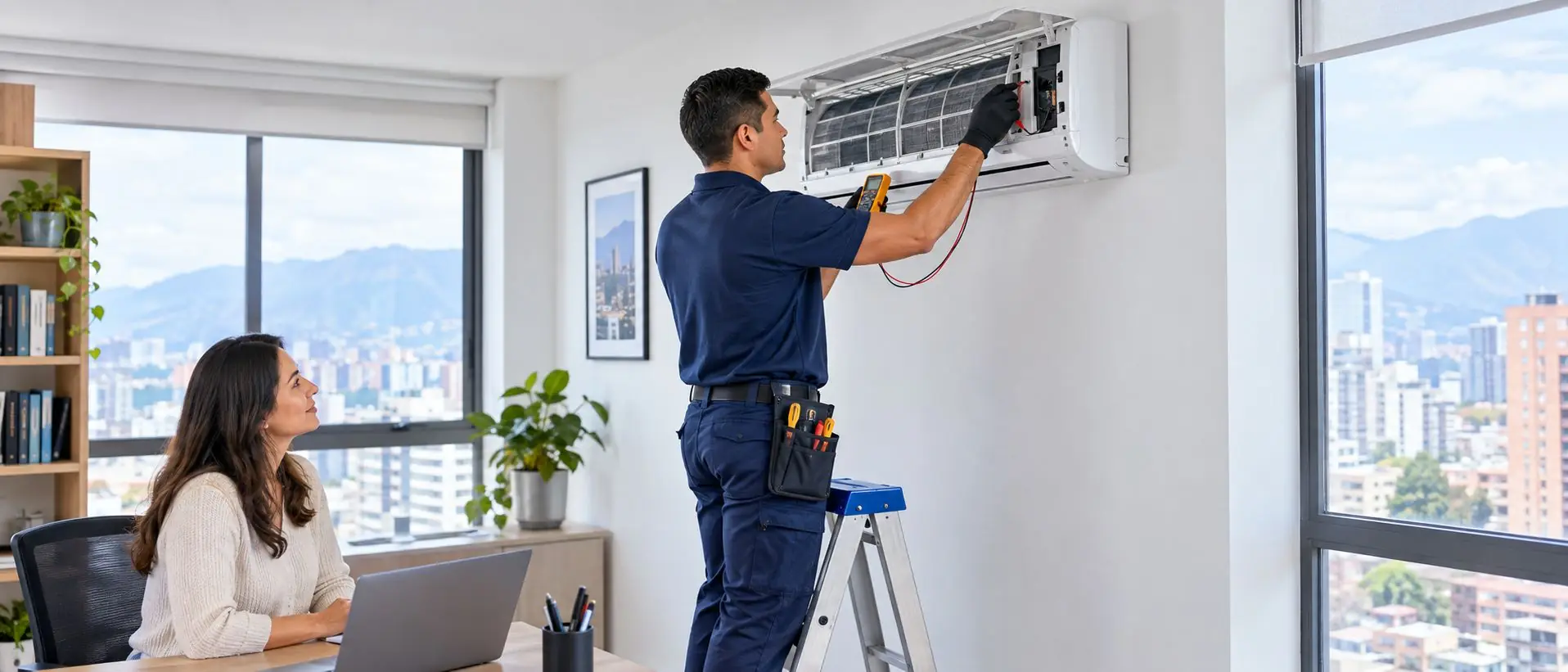 Técnico haciendo servicio a un aire acondicionado en Bogotá